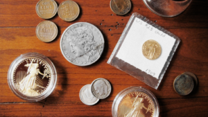 A stack of coins on a table at Christopher Young Coins in Ithaca New York.